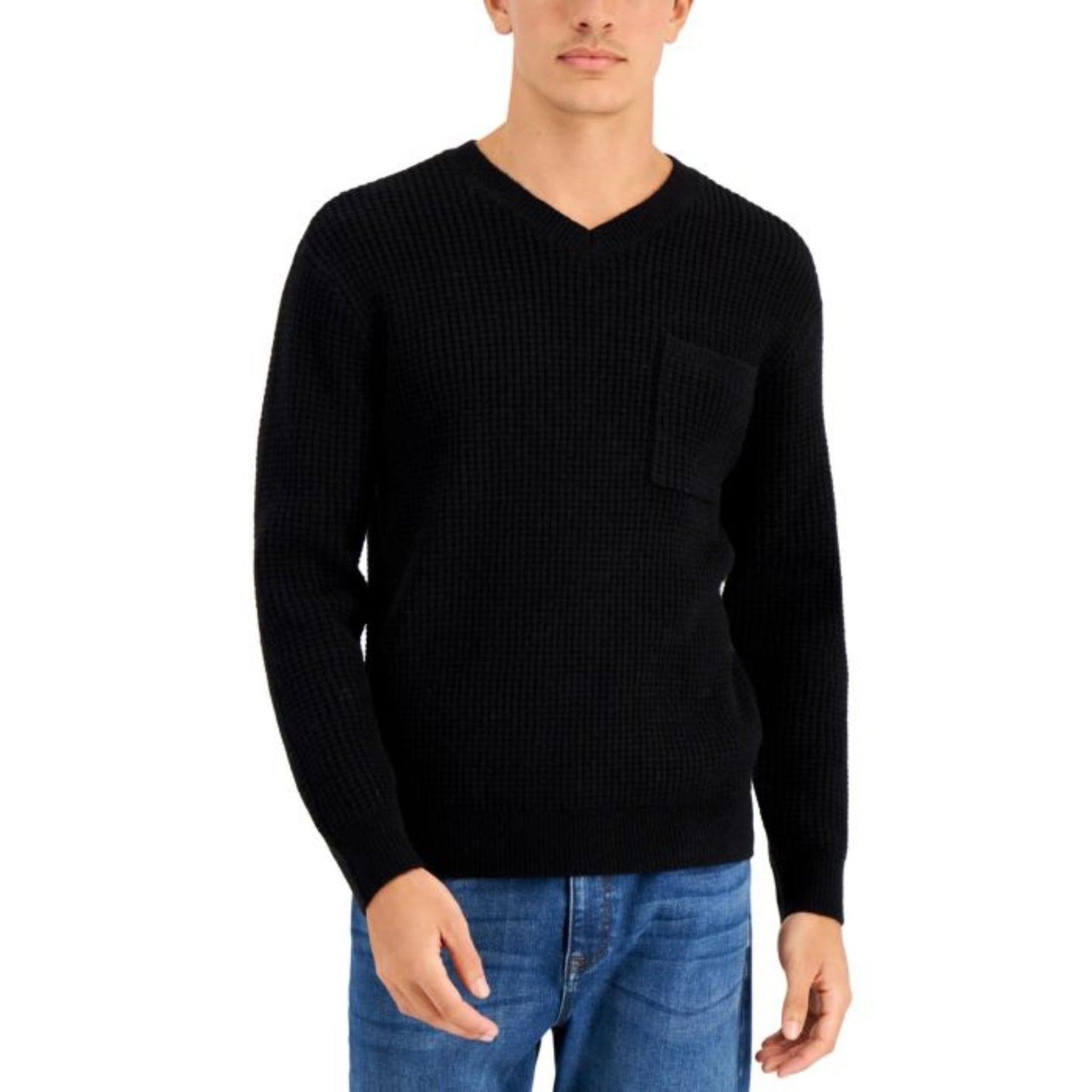 And Now This-And Now This Mens Waffle Knit V-Neck Sweater, Black - Brandat Outlet