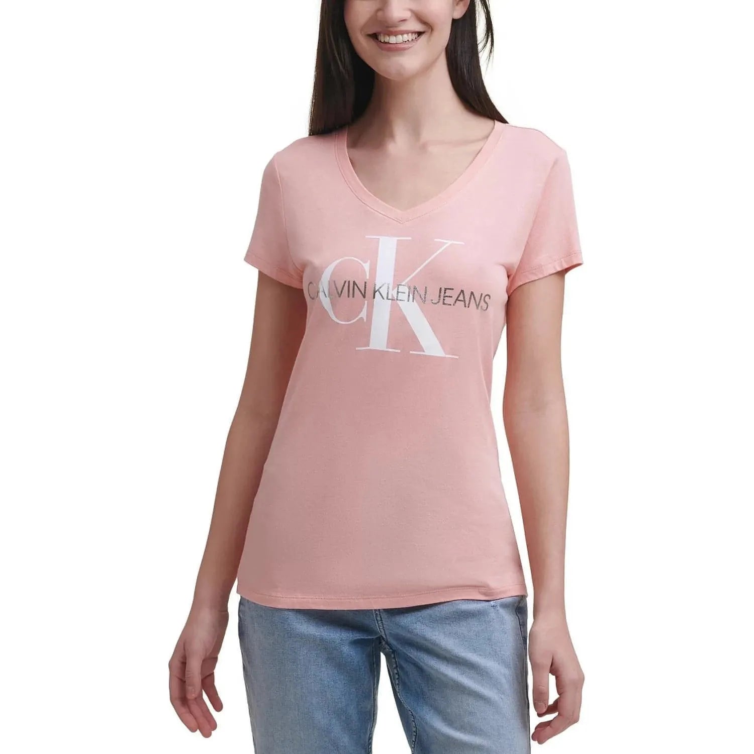 Calvin Klein Jeans V Neck Logo T Shirt Cool Pink Brandat Outlet