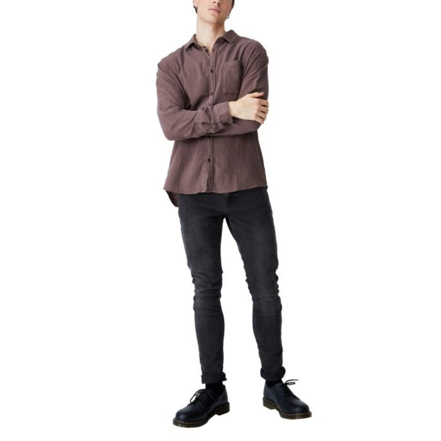 COTTON ON Mens Camden Long Sleeve Shirt, Brown