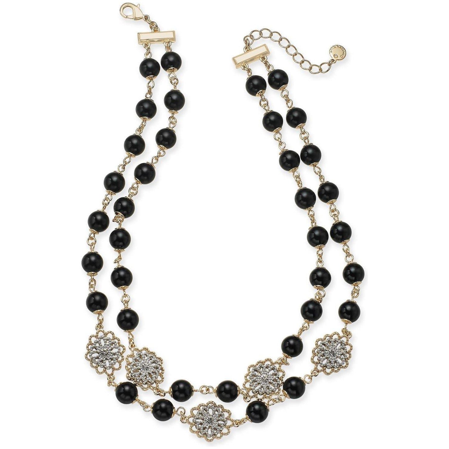 Gold-Tone Crystal Flower & Jet Imitation Pearl Double-Row Collar Necklace - Brandat Outlet, Women's Handbags Outlet ,Handbags Online Outlet | Brands Outlet | Brandat Outlet | Designer Handbags Online |