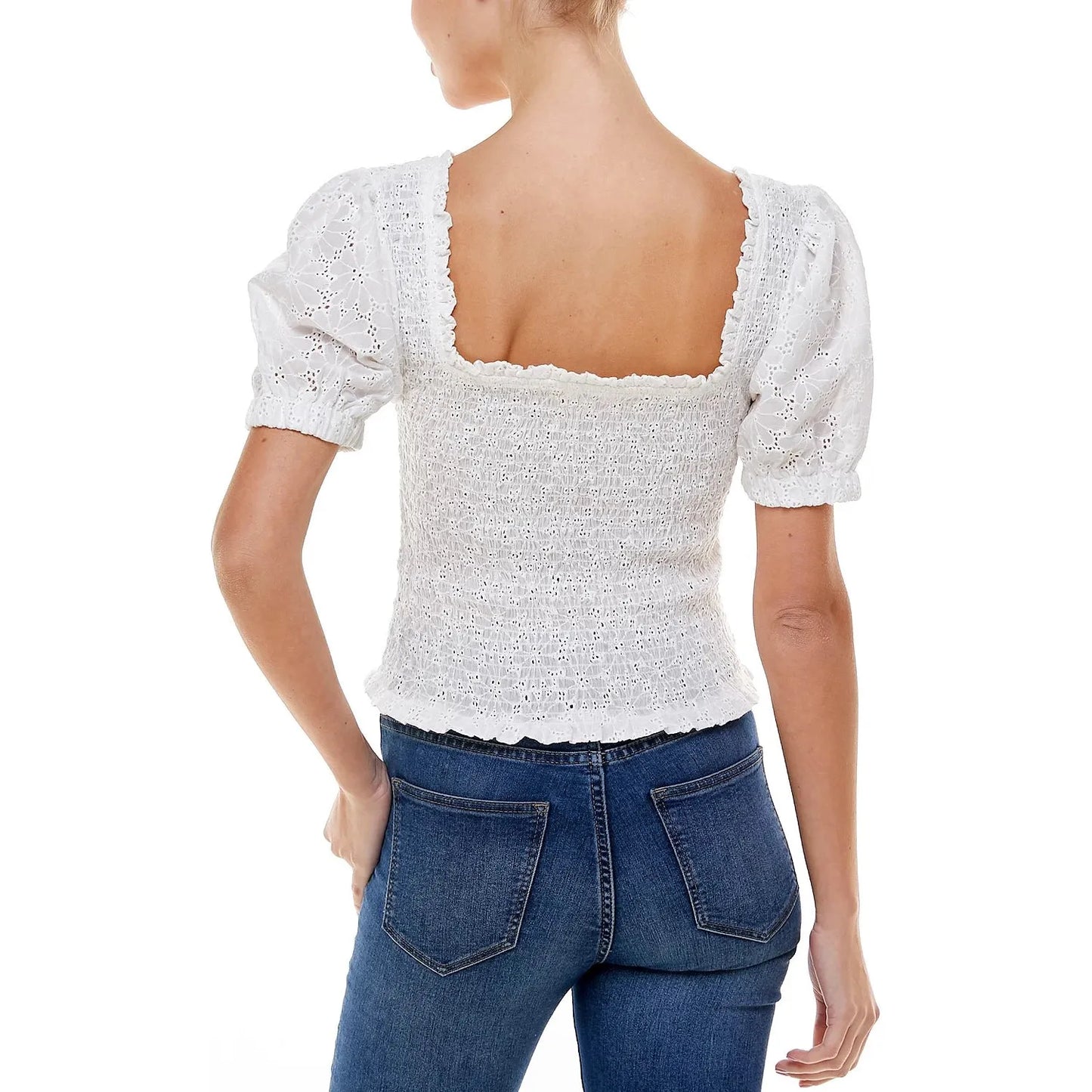 Q & A Smocked Puff-Sleeve Eyelet Blouse, White,