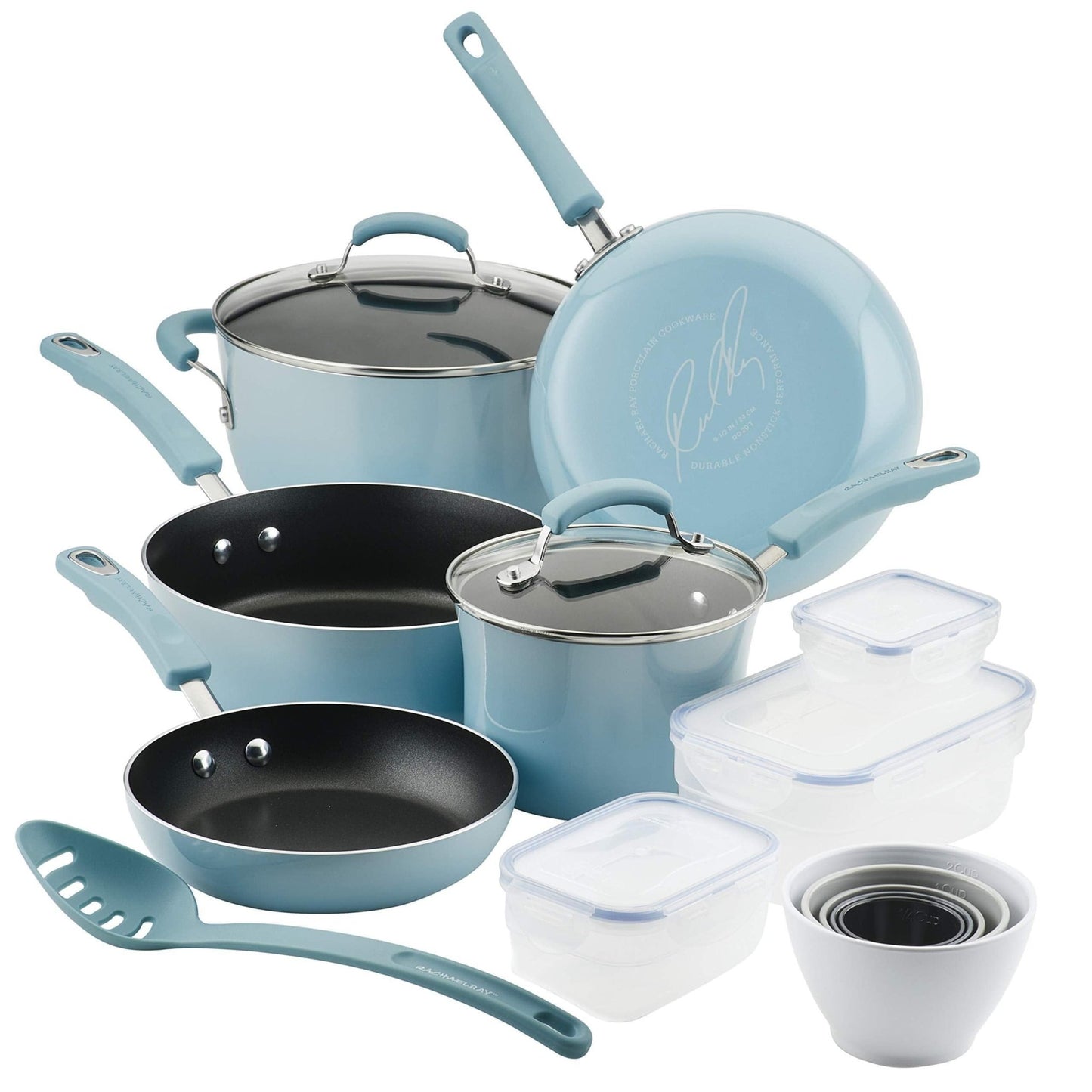 Rachael Ray-Rachael Ray Brights Nonstick Cookware Pots and Pans Set with LocknLock Containers, 19 Piece, Sky Blue - Brandat Outlet