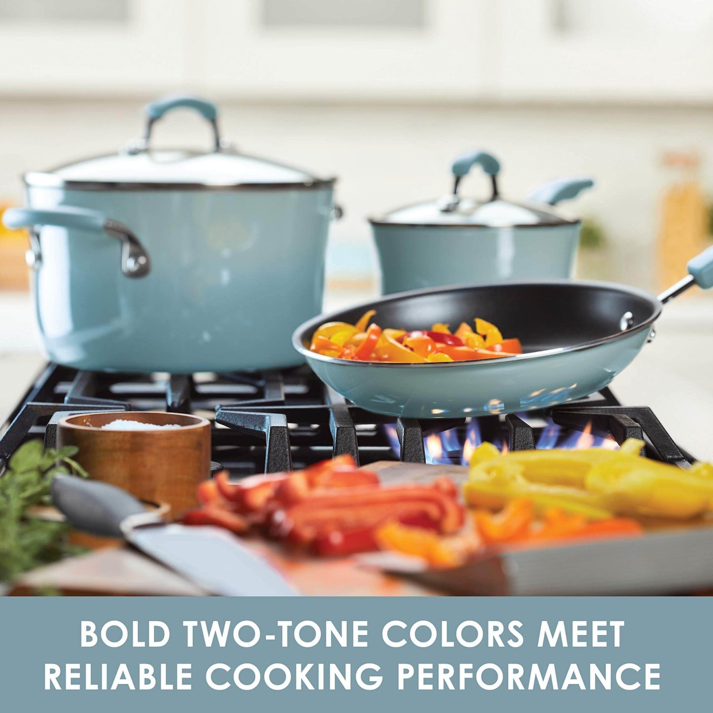 Rachael Ray-Rachael Ray Brights Nonstick Cookware Pots and Pans Set with LocknLock Containers, 19 Piece, Sky Blue - Brandat Outlet