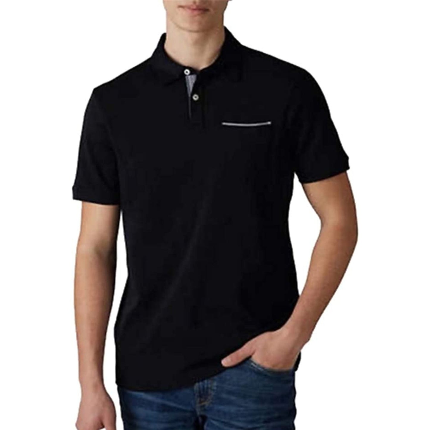Tahari Mens Soft Knit Chambray Placket Polo Golf Shirt (Black)