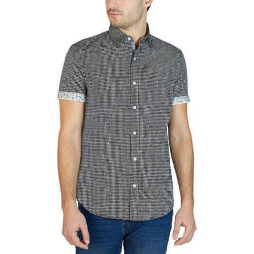 Tahari Men's Stretch Cotton Sateen Print Button Up Shirt Black