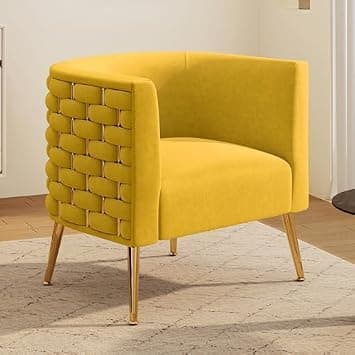 Modern Velvet Barrel Accent Chair, Comfy Wide Handmade Woven Bucket Arm Chair, Fluffy Tufted Upholstered Single Sofa Chair for Living Room, Bedroom, Office, Waiting Room(Yellow) - Amazon.ae Price Tracker