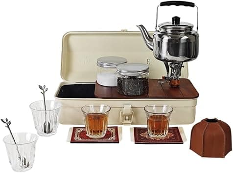 Portable Camping Tea Set with Metal Storage Box, Kettle, Mini Gas Stove & Cups – Outdoor Tea & Coffee Kit for Camping & Desert Trips | عزبة شاي للتخييم مع صندوق معدني وإبريق وموقد غاز - Amazon.ae Price Tracker