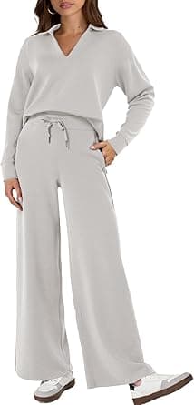 Glamaker 2-Piece Sweatsuit for Women, Casual, Long-Sleeved Polo Top and Wide-Leg Pants, Matching Set - Amazon.ae Price Tracker