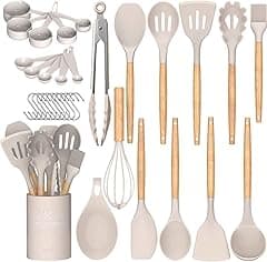 Umite Chef - 24 Pcs Silicone Kitchen Utensils Set Non-Stick with Stand, Wooden Handle, Heat Resistant, BPA Free Khaki 24pcs - Amazon.ae Price Tracker