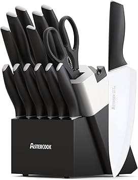 Astercook Knife Set, Kitchen Knives with Block and Sharpener Ceramic Coating 15 Pcs German Stainless Steel Knives Sharp Blade Dishwasher Safe Kitchen Utensils Set with Ergonomic Handle, Elegant Black - Amazon.ae Price Tracker
