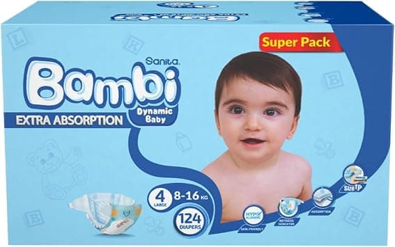 Sanita Bambi Baby Diapers, Size 4, 8-16 kg, Skin-Friendly with Hypoallergenic Inner layer, Wetness Indicator, Leakage Protection & Comfort - Super Pack, 124 Count - Amazon.ae Price Tracker