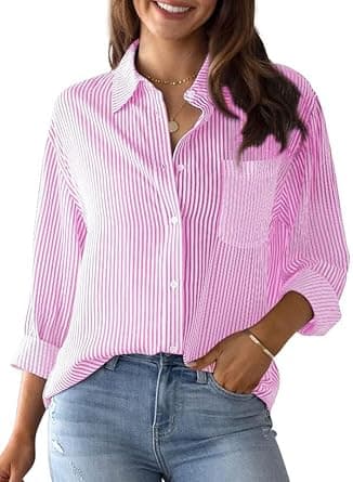 hathne Women's Button Down Striped Shirts Casual V-Neck Long Sleeve Stripes Business Blouses with Pocket - Amazon.ae Price Tracker