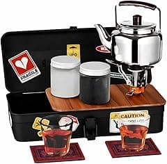 Portable Camping Tea Set with Metal Storage Box, Kettle, Mini Gas Stove & Cups – Outdoor Tea & Coffee Kit for Camping & Desert Trips | عزبة شاي للتخييم مع صندوق معدني وإبريق وموقد غاز - Amazon.ae Price Tracker