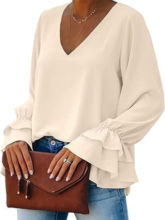 LYANER Women's Casual V Neck Tiered Ruffle Bell Long Sleeve Blouse Shirt Tunic Top - Amazon.ae Price Tracker