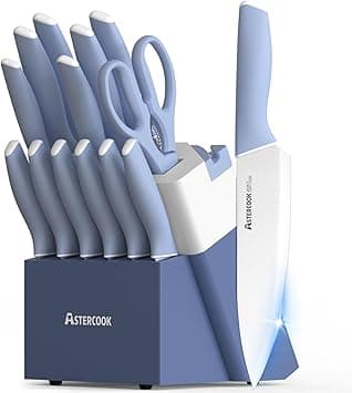 Astercook Kitchen Knife Set with Block and Sharpener 15 Piece Ceramic Coating German High Carbon Stainless Steel Knives Sharp Blade Dishwasher Safe Knife Block Set with Ergonomic Handle, Delicate Blue - Amazon.ae Price Tracker
