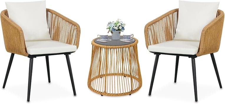 YIYAN 3 Piece Patio Bistro Set, Wicker Outdoor Patio Set with Enhanced Comfort Seating, Round Glass Top Coffee Side Table, Patio Rattan Conversation Set for Balcony, Lawn, Garden, Backyard, White - Amazon.ae Price Tracker