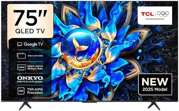 TCL 75T8C Google Television 75 Inch T8C Premium 4K QLED TV (2026 Model) AiPQ Pro Processor, Gaming TV, 144Hz Native Refresh Rate, 93% DCI-P3 Color Gamut, ONKYO 2.1 Hi-Fi System, DTS X, Game Master - Amazon.ae Price Tracker