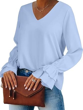 LYANER Women's Casual V Neck Tiered Ruffle Bell Long Sleeve Blouse Shirt Tunic Top - Amazon.ae Price Tracker