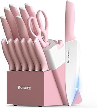 Astercook Knife Set, Kitchen Knives Set with Block and Sharpener Ceramic Coating 15 Pcs German Stainless Steel Knives Sharp Blade Dishwasher Safe Knife Block Set with Ergonomic Handle, Crystal Pink - Amazon.ae Price Tracker