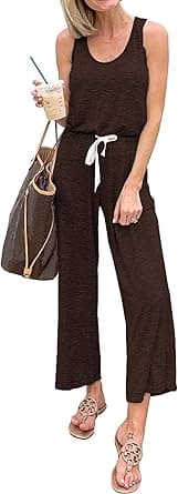 PRETTYGARDEN Women's Casual Sleeveless Solid Jumpsuit Crewneck Drawstring Waist Stretchy Long Pants Romper - Amazon.ae Price Tracker