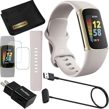 Fitbit Charge 5 Advanced Fitness & Health Tracker (White) with Built-in GPS, Stress Management Tools, Bundle with 2 Watch Bands, 3.3foot Charge Cable, Wall Adapter, Screen Shield & PremGear for Fitbit - Amazon.ae Price Tracker
