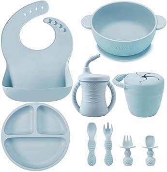PandaEar Silicone Baby Feeding Set | 9PCS Baby Led Weaning Supplies Self Feeding Utensils | Divided Suction Plate Bowl Bibs Sippy Cup with Baby Snack Container Spoons Forks (Blue) - Amazon.ae Price Tracker