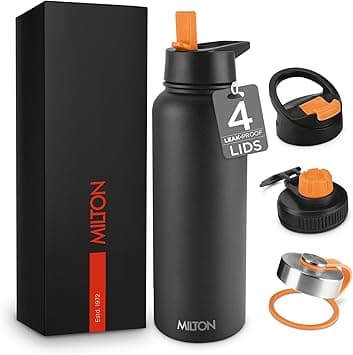 MILTON 1180ml Vacuum Insulated Water Bottle with 4 Lids, Keeps Drinks 12 Hrs Hot & 24 Hrs Cold, 18/8 Stainless Steel, Double-Walled Flask with Inner Copper Coating for Sports, Gym - Flassio - Black - Amazon.ae Price Tracker