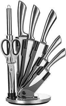 Cuisine Art 8-Piece Professional Kitchen Knife Set with Revolving Stand – Includes Chef, Cleaver, Slicing, Utility, Fruit Knives, Scissors, Sharpening Rod, and Knife Block - Silver - Amazon.ae Price Tracker