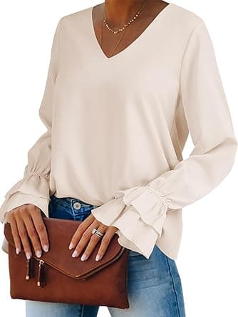 LYANER Women's Casual V Neck Tiered Ruffle Bell Long Sleeve Blouse Shirt Tunic Top - Amazon.ae Price Tracker