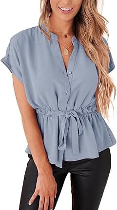 Womens Button Down Blouses Casual Peplum Summer Tops Dressy Chiffon Work Blouse - Amazon.ae Price Tracker