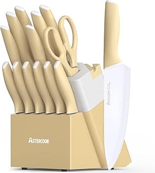 Astercook Kitchen Knife Set with Block and Sharpener 15 Piece Knives Set with Ceramic Coating German High Carbon Stainless Steel Knives Sharp Blade Dishwasher Safe Knife Set with Ergonomic Handle - Amazon.ae Price Tracker