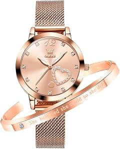 OLEVS Rose Gold Watch for Women Mesh Strap Fashion Dress Hearts Japanese Quartz Waterproof Luminous Ladies Watches Bracelet Sets - Amazon.ae Price Tracker