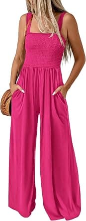 KIRUNDO Womens Jumpsuit 2025 Summer Casual Loose One Piece Overalls Smocked Sleeveless Wide Leg Rompers With Pockets - Amazon.ae Price Tracker