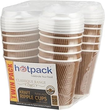Hotpack Disposable Twin Pack Kraft Ripple Hot & Cold Coffee Cup 8 ounce with White Lid, 20 Pieces - Amazon.ae Price Tracker