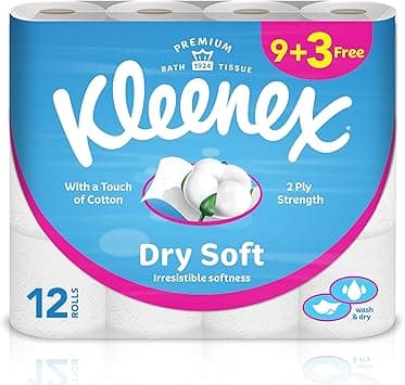 Kleenex Dry Soft Toilet Tissue Paper, 2 PLY, 12 Rolls x 200 Sheets, Embossed Bathroom Tissue with a Touch Of Cotton - Amazon.ae Price Tracker