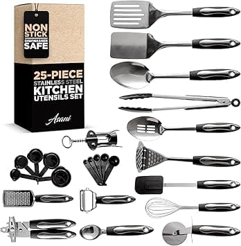 Asani 25-Piece Stainless Steel Kitchen Utensil Set | Non-Stick Cooking Gadgets and Tools Kit | Durable Dishwasher-Safe Cookware Set | Kitchenware Gift Idea, Best New Apartment Essentials - Amazon.ae Price Tracker
