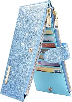 Womens RFID Blocking Glitter Leather Multi Card Organizer Bifold Black Wallet with Zipper Pocket,Blue Glitter - Amazon.ae Price Tracker