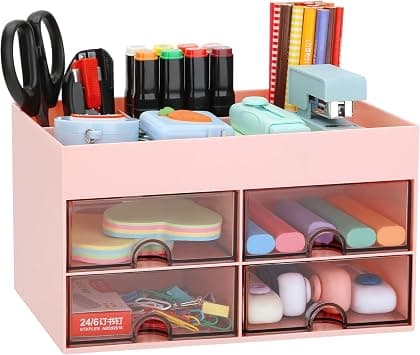LETURE Office Desktop Organizer with Drawer, Desk Top Accessories Stationary Organizer Desk Caddy, Pen/Pencil/Business Card/Sticky Note Tray/Paperclip Holder Storage Box (Pink) - Amazon.ae Price Tracker