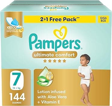 Pampers Ultimate Comfort Taped Diapers, Size 7, 15+kg, Lotion infused with Aloe Vera and Vitamin E, x1000 Leak Locks Technology for Leakage Protection, Giga Box, 144 Count - Amazon.ae Price Tracker
