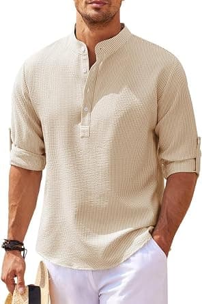 Men's Cotton Linen Shirt Casual Long Sleeve Henley Hippie T Shirts Summer Fashion Beach Tops Slim Fit Basic Button Up Shirts Lightweight Solid Color Banded Collar Shirt Typical Holiday Sports Tops, XL - Amazon.ae Price Tracker