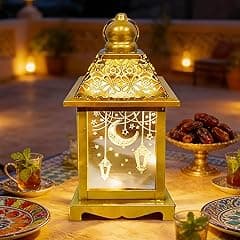 Yoawllty 8in Large Ramadan Lantern with LED Candle, Warm White Ramadan Decorations Lights for Home, Gold Decorative Ramadan Lantern with Moon Star Light Pattern - Amazon.ae Price Tracker