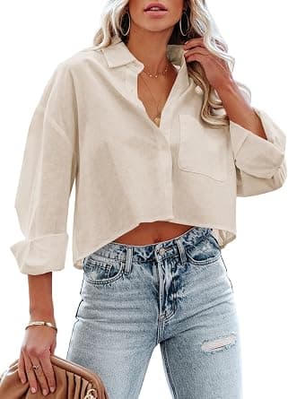 Tankaneo Womens Button Down Cropped Shirts Long Sleeve Casual Crop Tops Solid Lapel Blouse Shirt with Chest Pocket - Amazon.ae Price Tracker