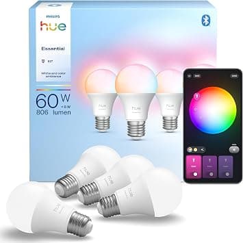 Philips Hue Essential A60 Smart LED Bulb, White and Color Ambience, E27 Bulb, 8W, 2200-6500K, 806 Lumens, Dimmable, Compatible with Alexa, Google Assistant and Apple Home, Pack of 4 | White and Coloured Light, 8 W, Smart Home, Dimmable, Compatible with Alexa, Google Assistant and Apple Home - Amazon.ae Price Tracker