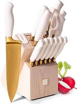 STYLED SETTINGS White and Gold Knife Set with Block Self Sharpening - 14 Piece Titanium Coated Gold and White Kitchen Knife Set & Ashwood Wood Knife Block with Sharpener - - Amazon.ae Price Tracker