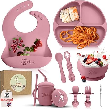 O’doe 11-Piece Baby Weaning Set | Silicone Feeding Supplies for Toddlers | BPA-Free Suction Bowl, Plates, Bibs, Sippy Cup, Baby Spoon, Fork, Food Containers & Newborn Gift Set - Amazon.ae Price Tracker
