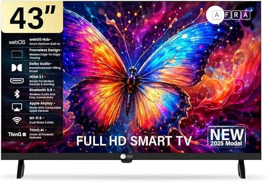 AFRA 43 Inch Full HD Frameless Smart LED TV with webOS Hub, A+ Grade DLED Panel, Netflix, YouTube, Prime Video, Bluetooth, Wi-Fi, HDMI, USB, Dolby Audio, 1 Year Warranty, Black, Model AF-43FHDWOS - Amazon.ae Price Tracker