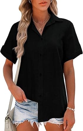 Zeagoo Women Linen Button Down Shirt Rolled Cuffed Short Sleeve Blouse Ladies Summer Casual V Neck Beach Cotton Tops - Amazon.ae Price Tracker