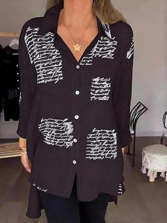 Womens Letter Print Button Down Shirts Casual Loose Swallowtail Blouse Tops - Amazon.ae Price Tracker
