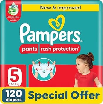 Pampers Rash Protection Pants Diapers, Size 5, 12-18kg, +50% Aloe Vera Lotion, 360° Leak-Free Fit for up to 100% Leakage Protection, Giant Pack, 120 Count - Amazon.ae Price Tracker