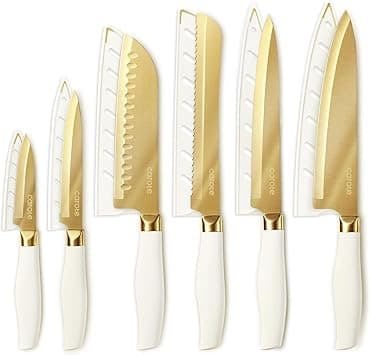 CAROTE 12PCS Kitchen Knife Set, Healthy Gold Titanium Coating Knife Set, Dishwasher Safe with 6 Blade Guards, Rustproof Stainless Steel Cutlery Set, White and Gold - Amazon.ae Price Tracker